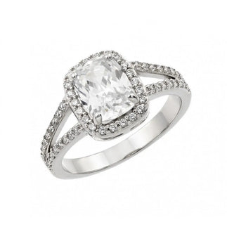 925 Sterling Silver Rhodium Plated Clear Rectangular Center and Cluster CZ Bridal Engagement Ring