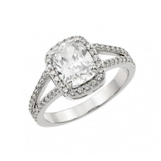 925 Sterling Silver Rhodium Plated Clear Rectangular Center and Cluster CZ Bridal Engagement Ring