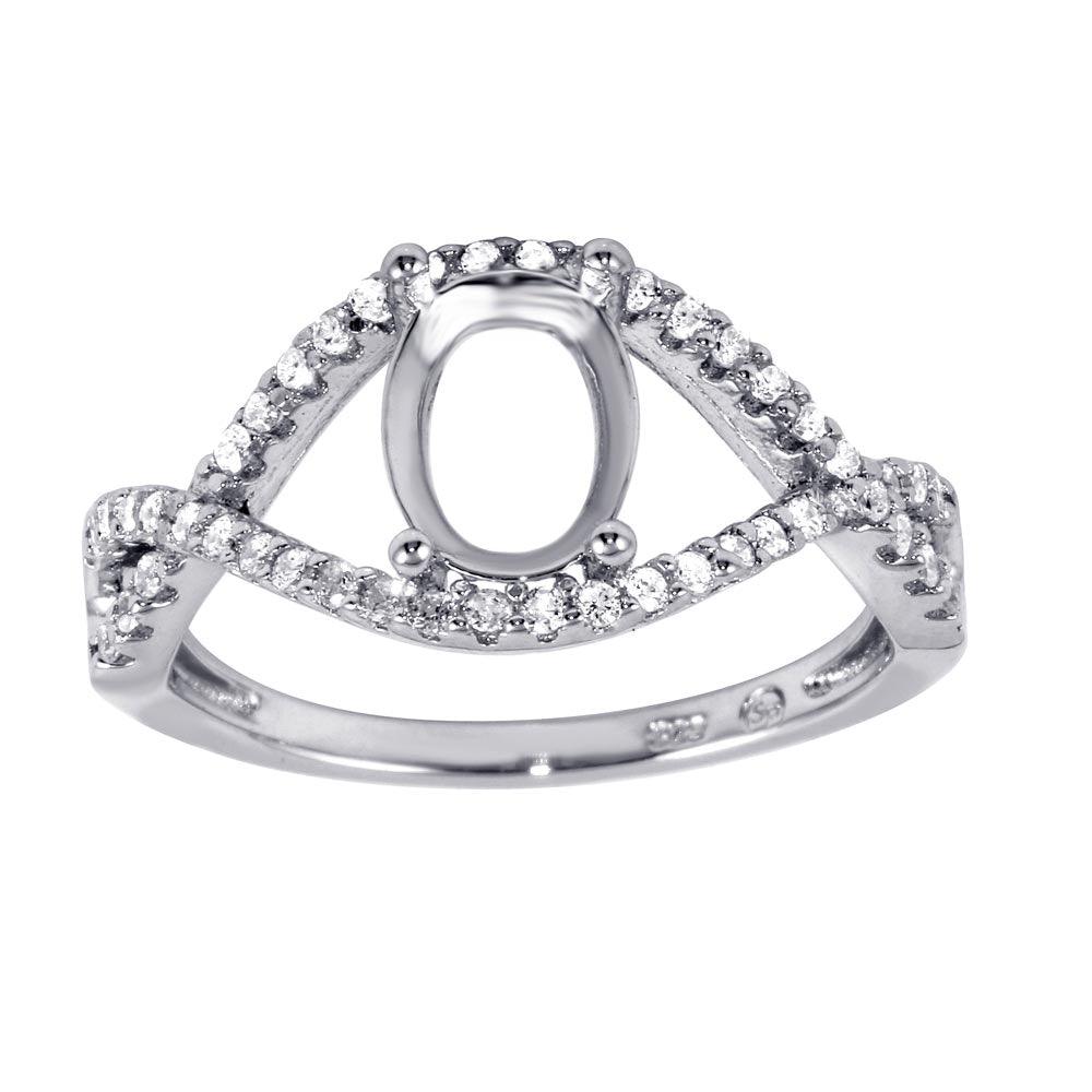 925 Sterling Silver Rhodium Plated Twisted Center Mounting Ring with CZ