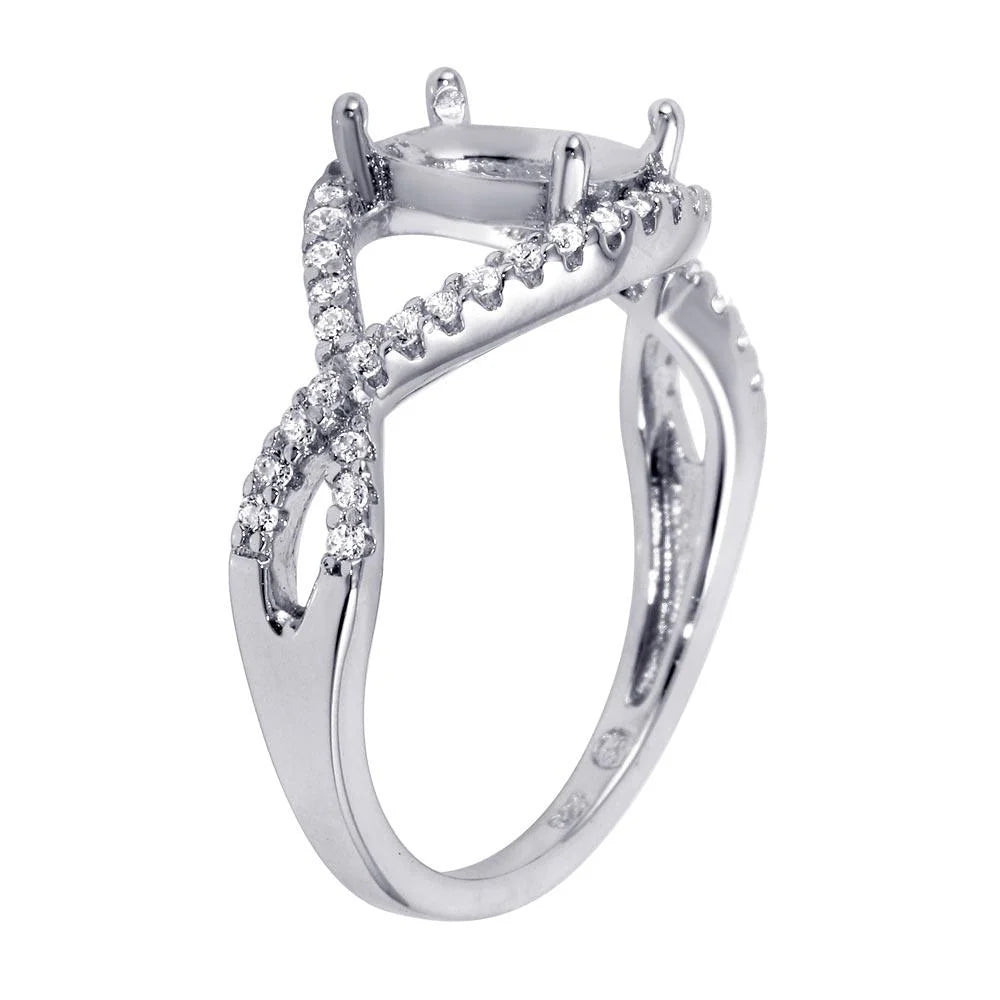 925 Sterling Silver Rhodium Plated Twisted Center Mounting Ring with CZ