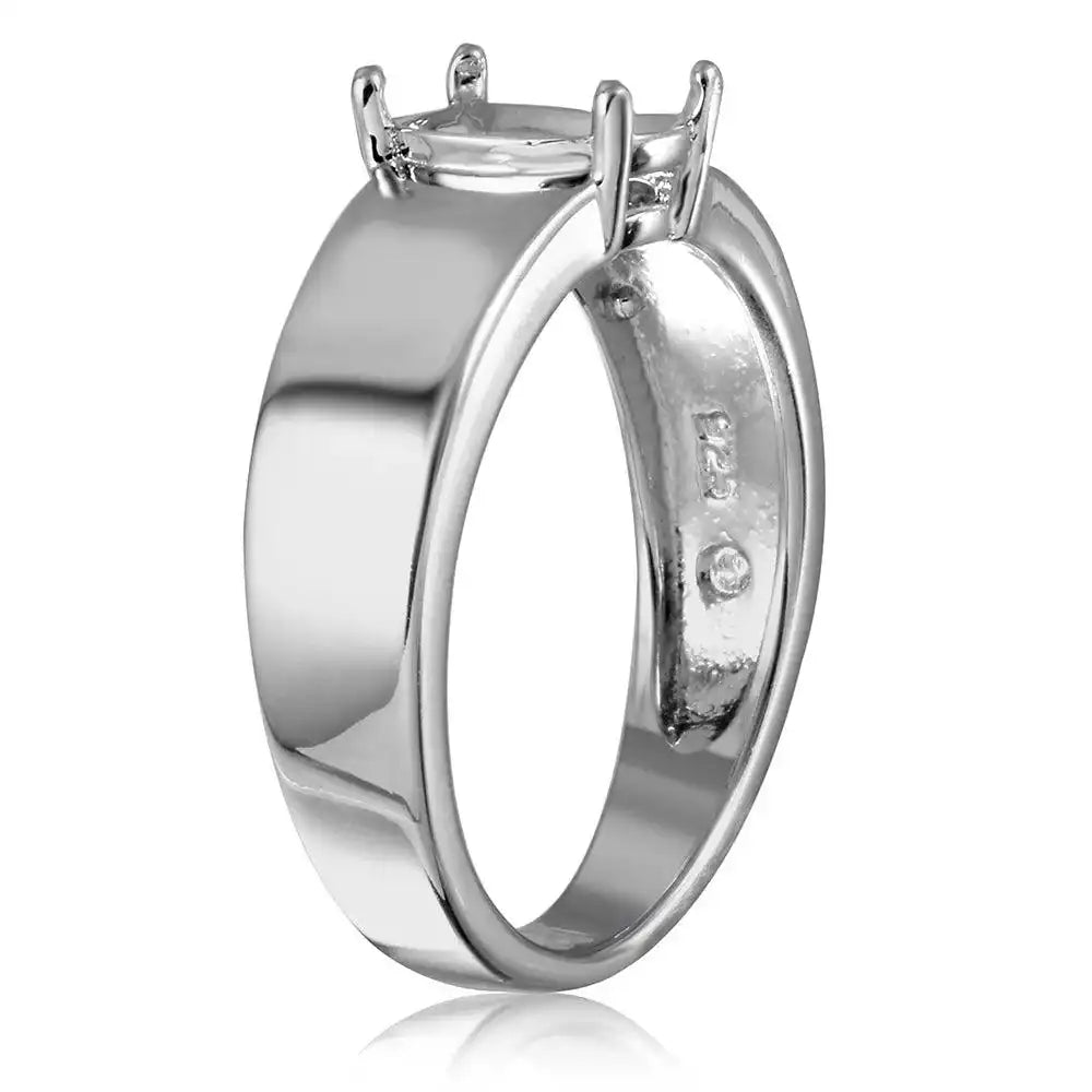 925 Sterling Silver Rhodium Plated High Polished Band Single Stone Mounting Ring