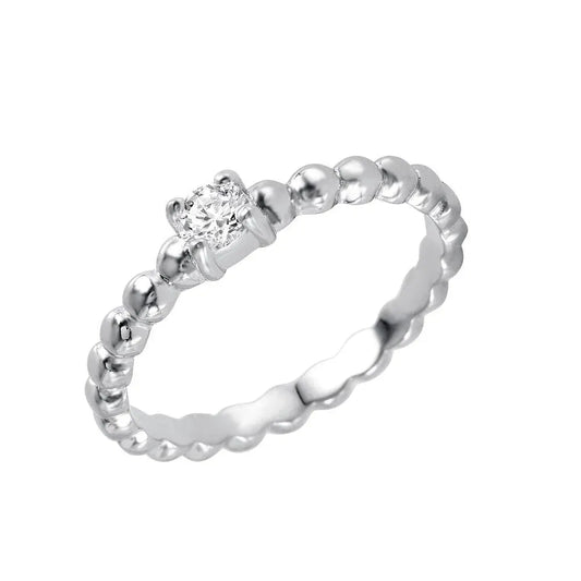 925 Sterling Silver Rhodium Plated Clear CZ Bead Ring