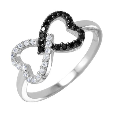 925 Sterling Silver Rhodium Plated Rhodium and Black Open Twin Heart Ring