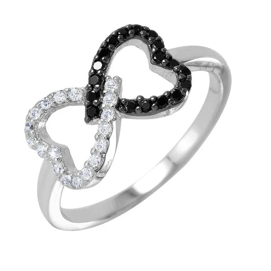 925 Sterling Silver Rhodium Plated Rhodium and Black Open Twin Heart Ring