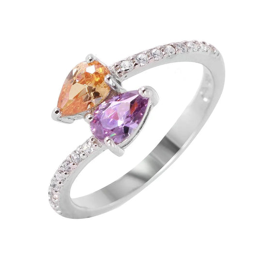 925 Sterling Silver Rhodium Plated Multi Color Teardrop and Round Pave Set CZ Ring