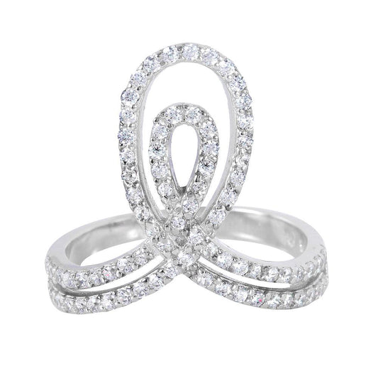 925 Silver Rhodium Plated Clear Pave Set Double Loop Ring