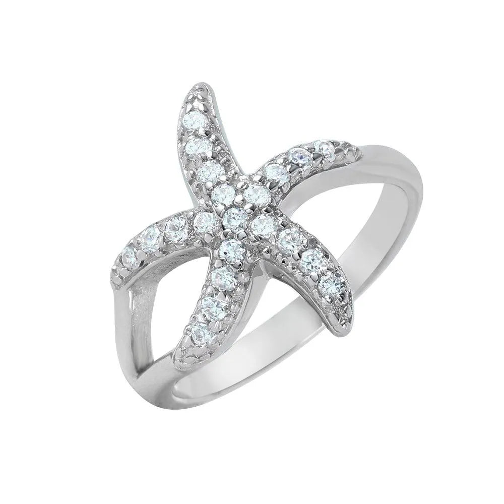 925 Sterling Silver Rhodium Plated Clear Pave Set CZ Skinny Starfish Ring