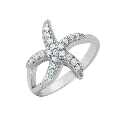 925 Sterling Silver Rhodium Plated Clear Pave Set CZ Skinny Starfish Ring
