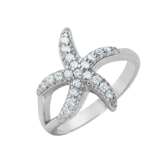 925 Sterling Silver Rhodium Plated Clear Pave Set CZ Skinny Starfish Ring