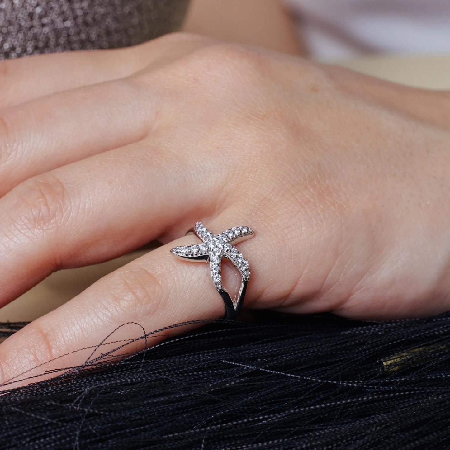 925 Sterling Silver Rhodium Plated Clear Pave Set CZ Skinny Starfish Ring