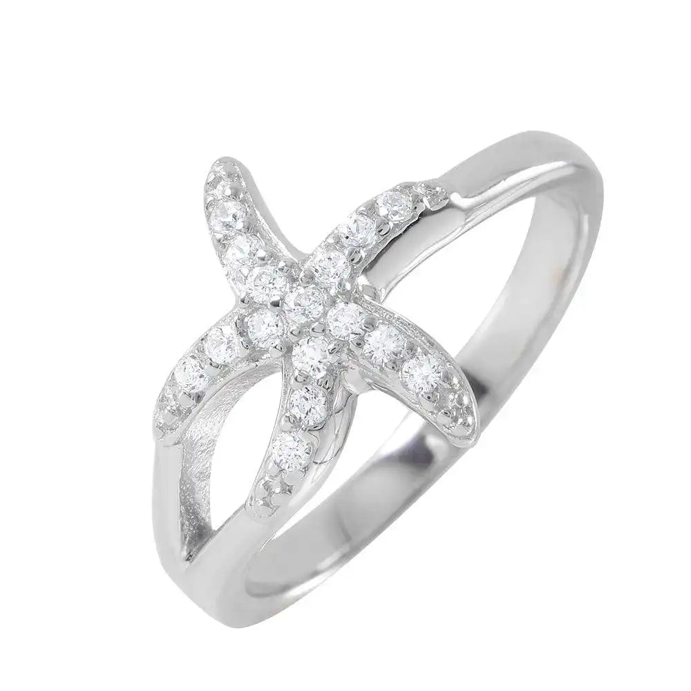 925 Sterling Silver Rhodium Plated Clear Pave Set CZ Small Skinny Starfish Ring