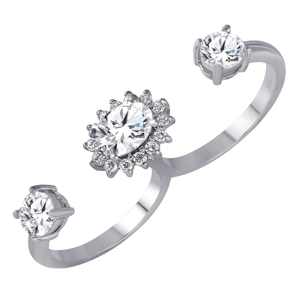925 Silver Clear CZ Cluster 2 Finger Open Ring