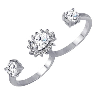 925 Silver Clear CZ Cluster 2 Finger Open Ring