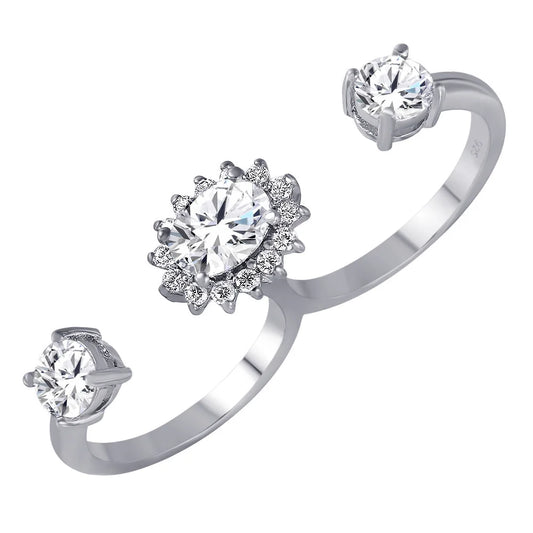 925 Silver Clear CZ Cluster 2 Finger Open Ring
