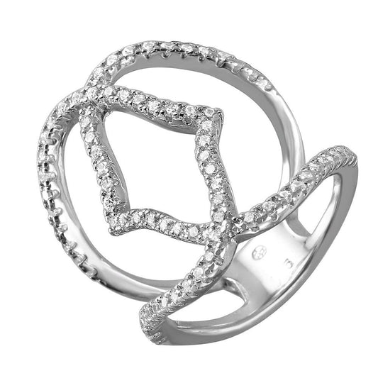 925 Silver Rhodium Plated Bracket Wire Ring with CZ Accents