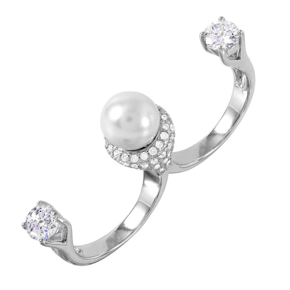 925 Silver Rhodium Plated Pearl Two Finger Open Ring with CZ Accents