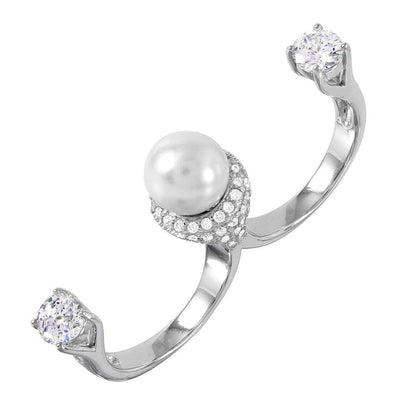 925 Silver Rhodium Plated Pearl Two Finger Open Ring with CZ Accents