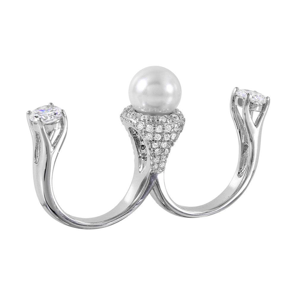 925 Silver Rhodium Plated Pearl Two Finger Open Ring with CZ Accents