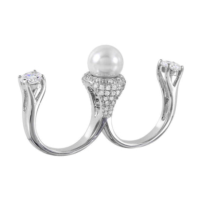 925 Silver Rhodium Plated Pearl Two Finger Open Ring with CZ Accents