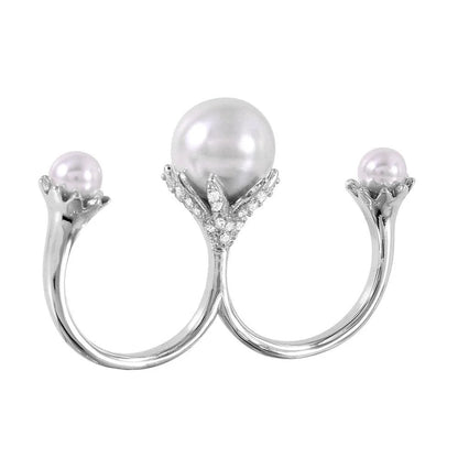 925 Silver Rhodium Plated Two Finger Open Ring with 3 White Synthetic Pearls