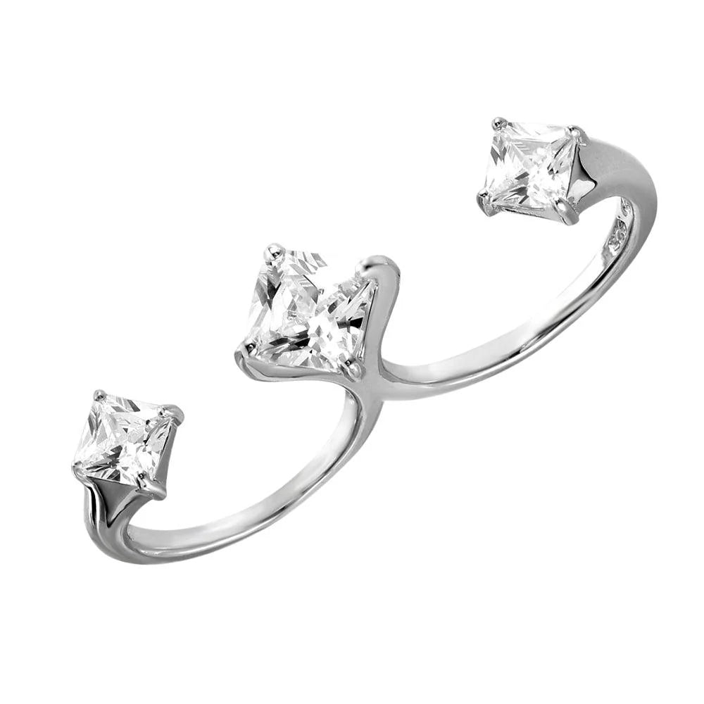 925 Silver Rhodium Plated Two-Finger Open Ring with 3 CZ Accent Caps