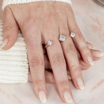 925 Silver Rhodium Plated Two-Finger Open Ring with 3 CZ Accent Caps