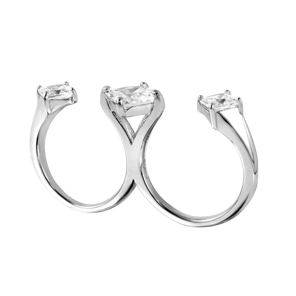 925 Silver Rhodium Plated Two-Finger Open Ring with 3 CZ Accent Caps
