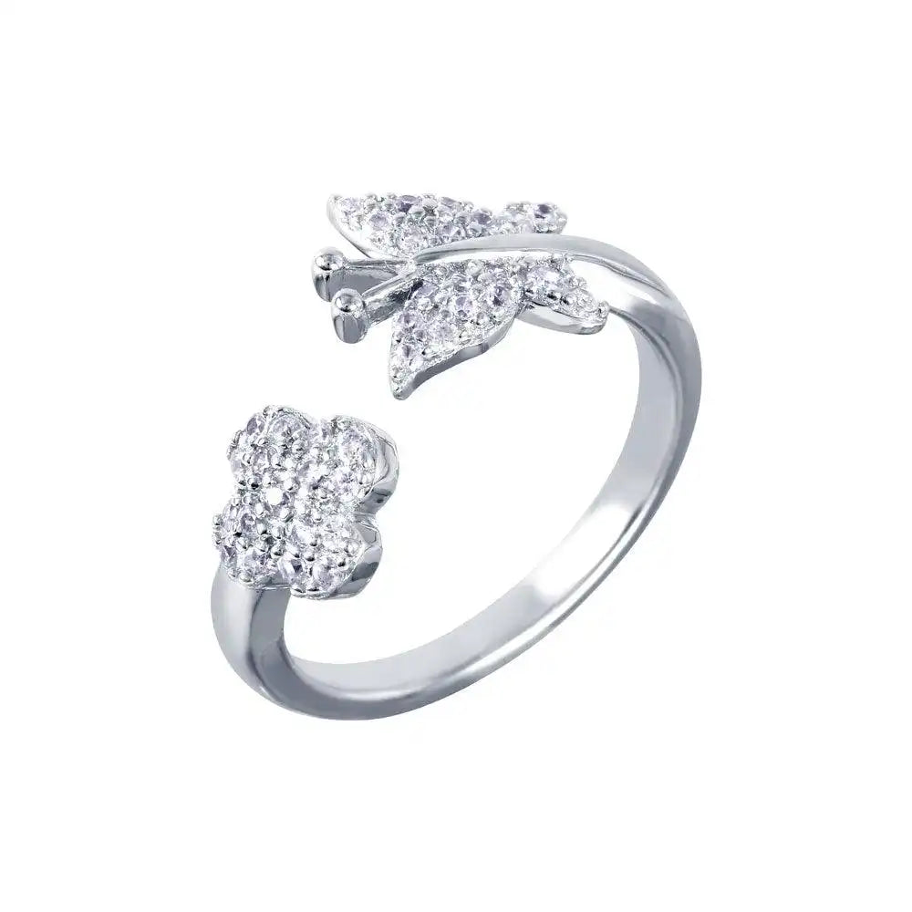 925 Sterling Silver Rhodium Plated Butterfly and Flower Open Ring with CZ Accents