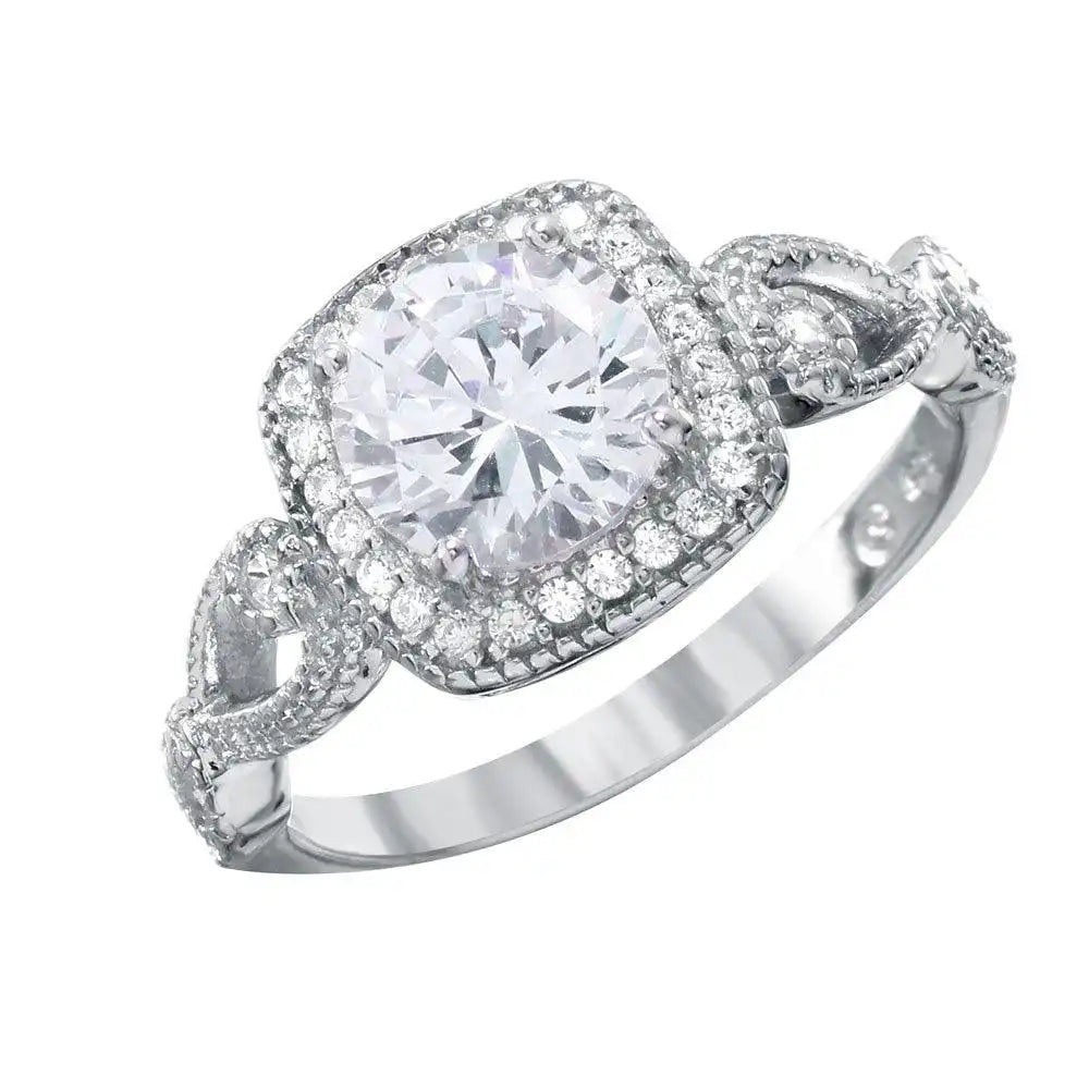 925 Sterling Silver Rounded Square Shaped Ring with CZ Centerpiece and Accents