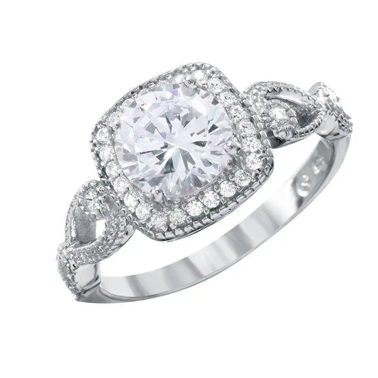 925 Sterling Silver Rounded Square Shaped Ring with CZ Centerpiece and Accents