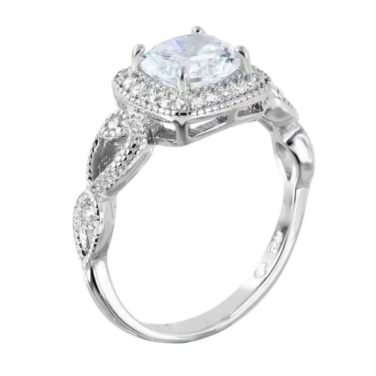 925 Sterling Silver Rounded Square Shaped Ring with CZ Centerpiece and Accents