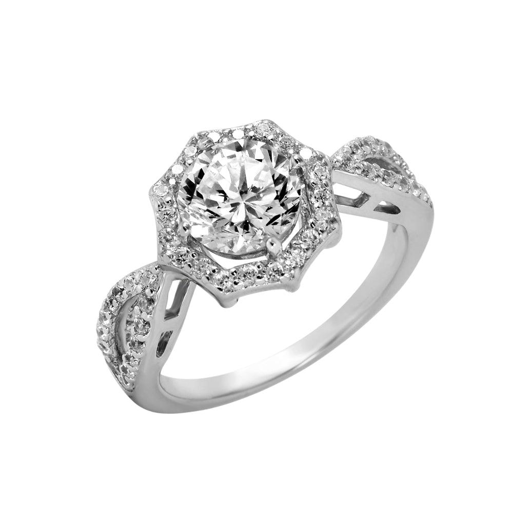 925 Silver Rhodium Plated Octagon Shaped Ring with CZ Accents Caps