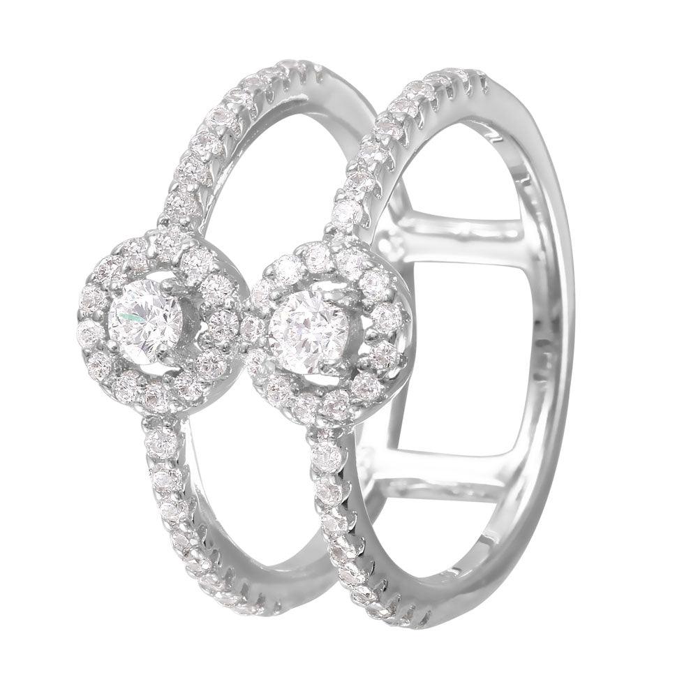 925 Silver Rhodium Plated CZ Accented Two-Band Ring