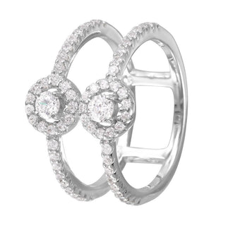 925 Silver Rhodium Plated CZ Accented Two-Band Ring