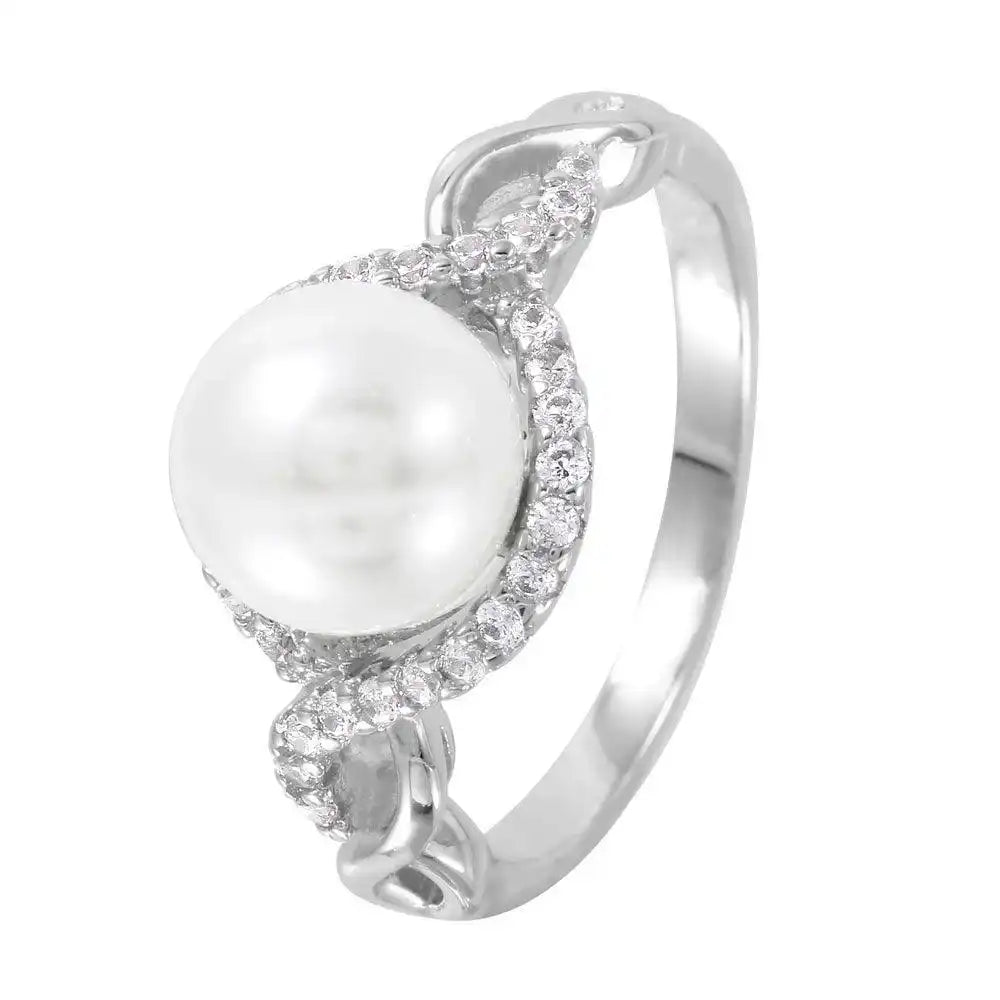 925 Sterling Silver Rhodium Plated CZ Accented Faux Pearl Ring