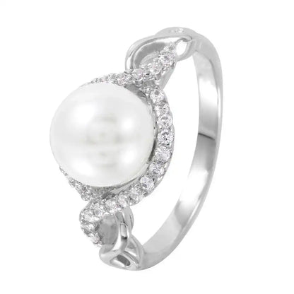 925 Sterling Silver Rhodium Plated CZ Accented Faux Pearl Ring