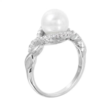 925 Sterling Silver Rhodium Plated CZ Accented Faux Pearl Ring