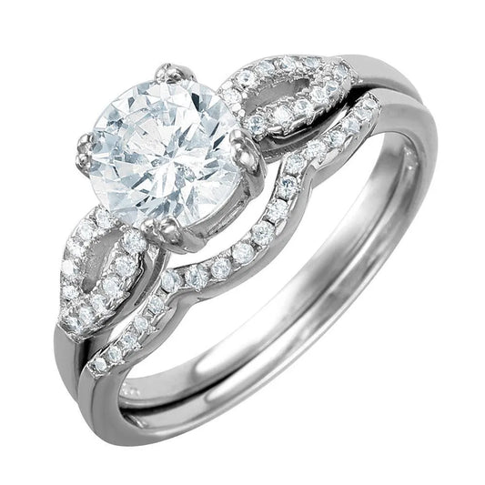 925 Sterling Silver Rhodium Plated Open Wave Design Band Round CZ Center Bridal Ring