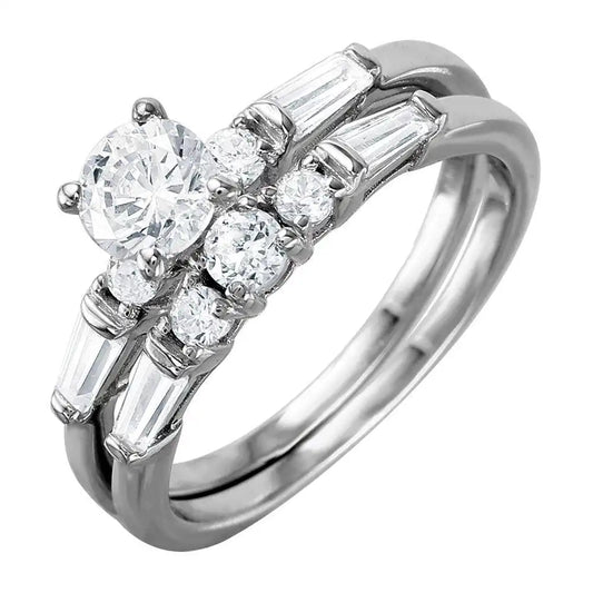 925 Sterling Silver Rhodium Plated Bridal Ring with Baguette CZ Stones