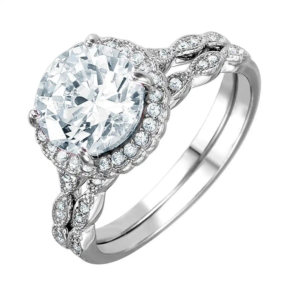 925 Sterling Silver Nickel Free Rhodium Plated Round Halo CZ Bridal Ring