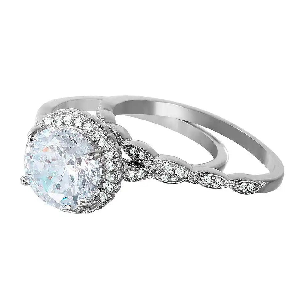 925 Sterling Silver Nickel Free Rhodium Plated Round Halo CZ Bridal Ring