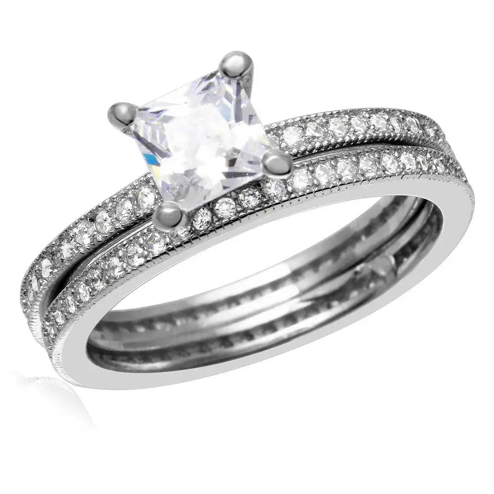 925 Sterling Silver Rhodium Plated Center Square CZ Bridal Wedding Ring Set