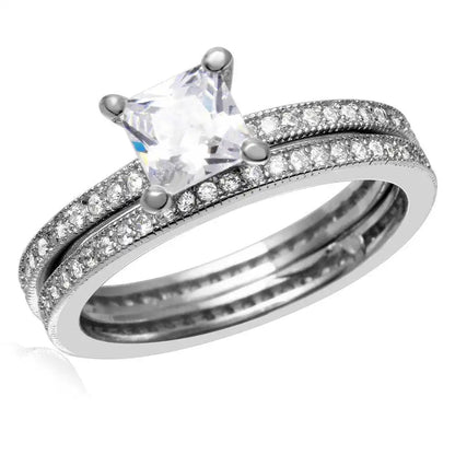 925 Sterling Silver Rhodium Plated Center Square CZ Bridal Wedding Ring Set