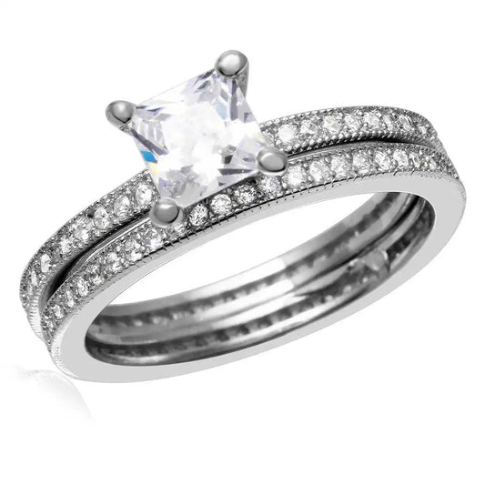 925 Sterling Silver Rhodium Plated Center Square CZ Bridal Wedding Ring Set