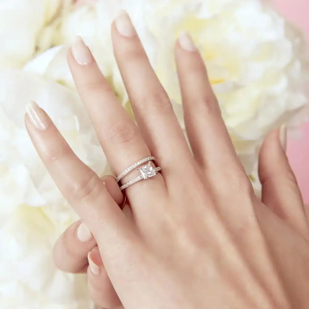 925 Sterling Silver Rhodium Plated Center Square CZ Bridal Wedding Ring Set