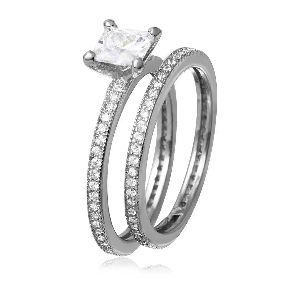 925 Sterling Silver Rhodium Plated Center Square CZ Bridal Wedding Ring Set