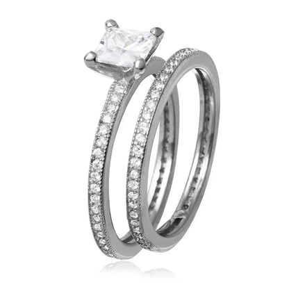 925 Sterling Silver Rhodium Plated Center Square CZ Bridal Wedding Ring Set