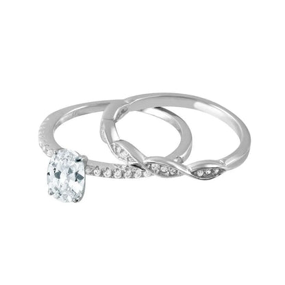 925 Sterling Silver Rhodium Plated Clear CZ Twist Bridal Wedding Ring Set
