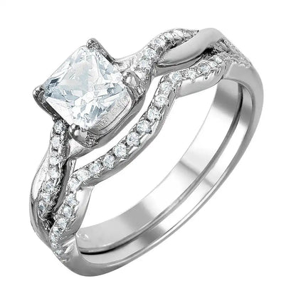 925 Sterling Silver Rhodium Plated Rope Designed Band Bridal Ring with CZ Stones