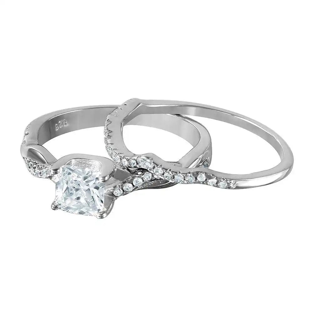 925 Sterling Silver Rhodium Plated Rope Designed Band Bridal Ring with CZ Stones